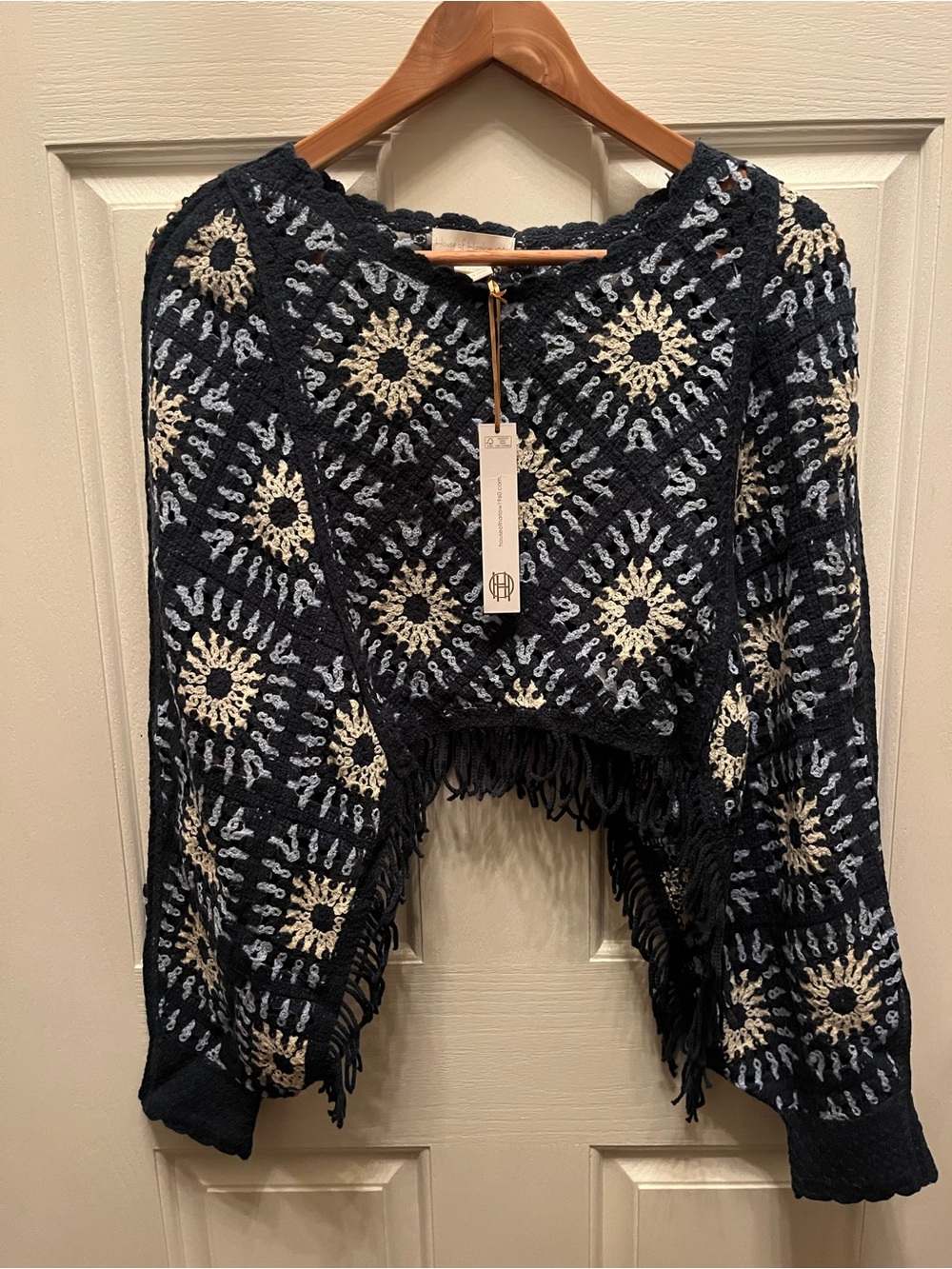 NWT House of Harlow 1960 Fringed Blue and Cream Knit Poncho Sweater One Size